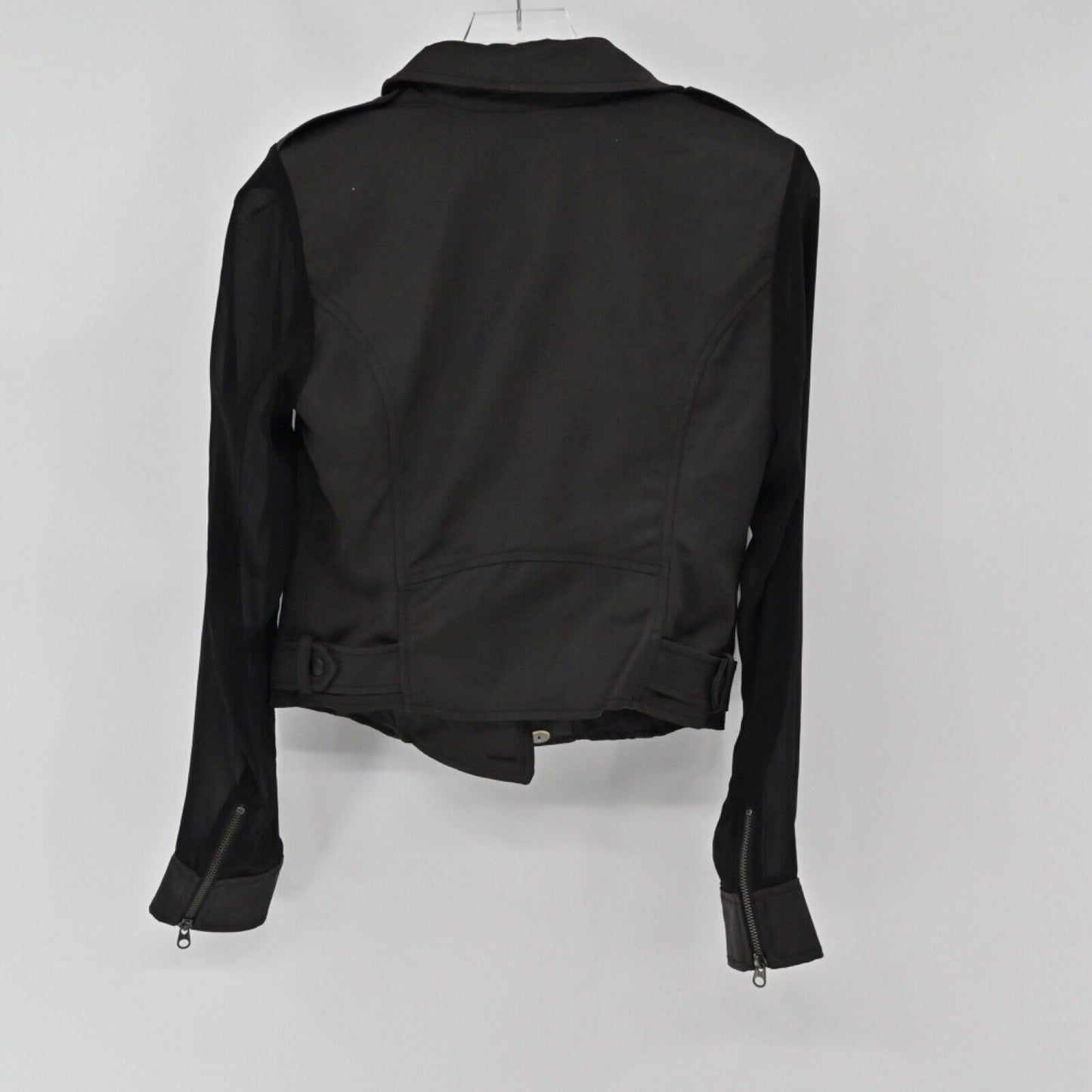 GUESS Jacket Womens Sz S Black Asymmetric Full Zip Sheer Sleeve Crop Moto Grunge