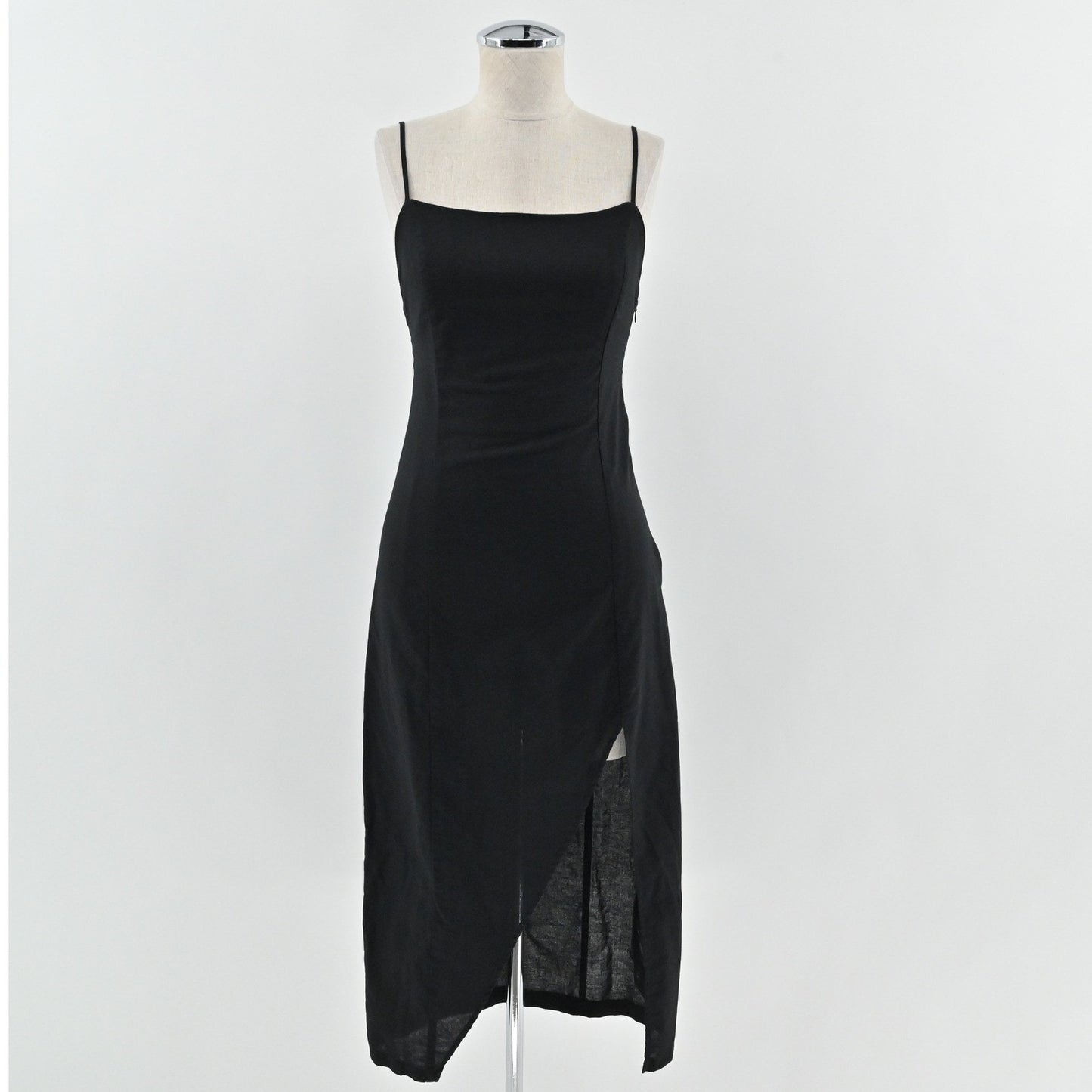 Weili Zheng Linen Midi Dress Size XS Black Spaghetti Strap Slit Y2K Whimsigoth