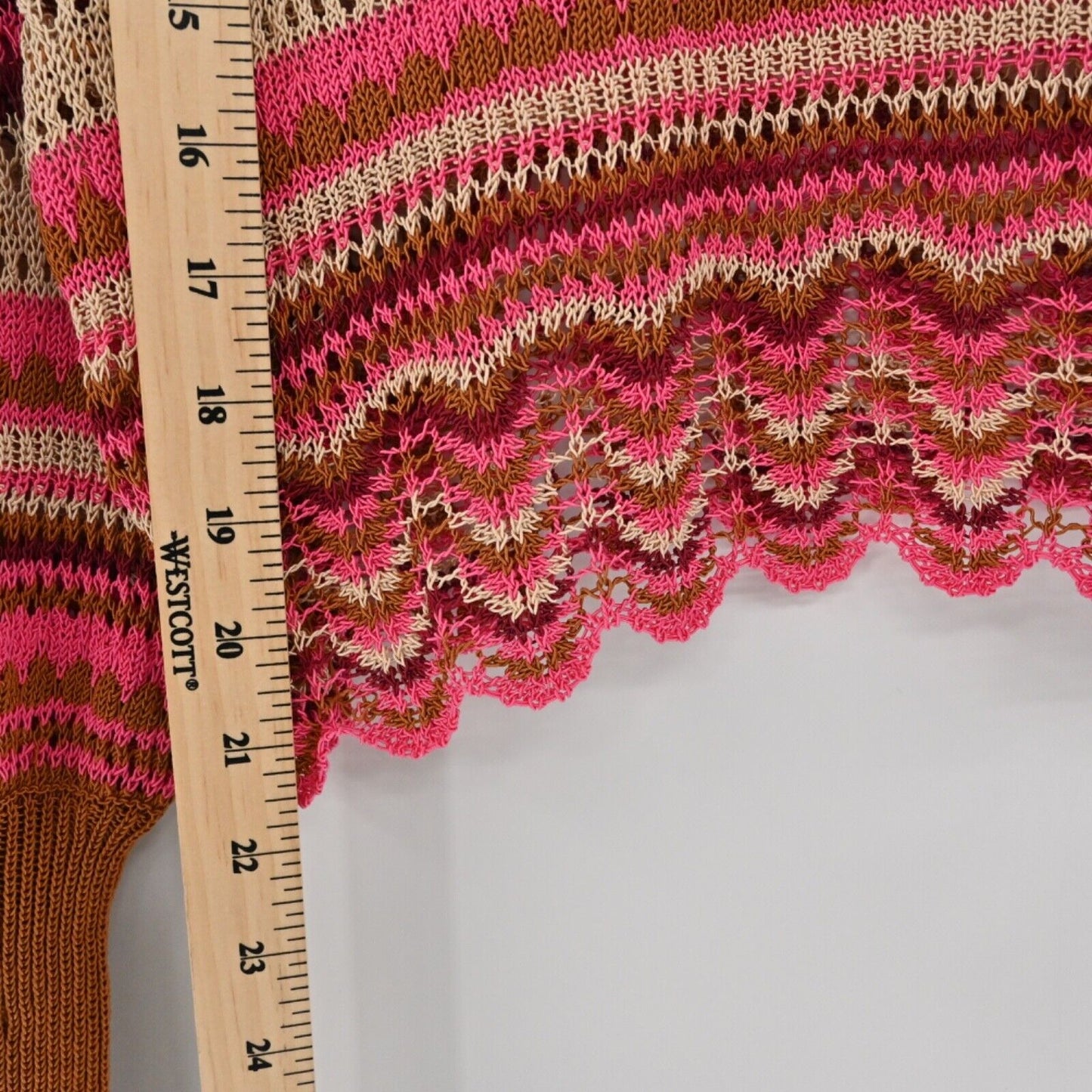 ZARA Sweater Women Sz M Pink Orange Stripe Cotton Blend Open Knit Boat Neck Boho