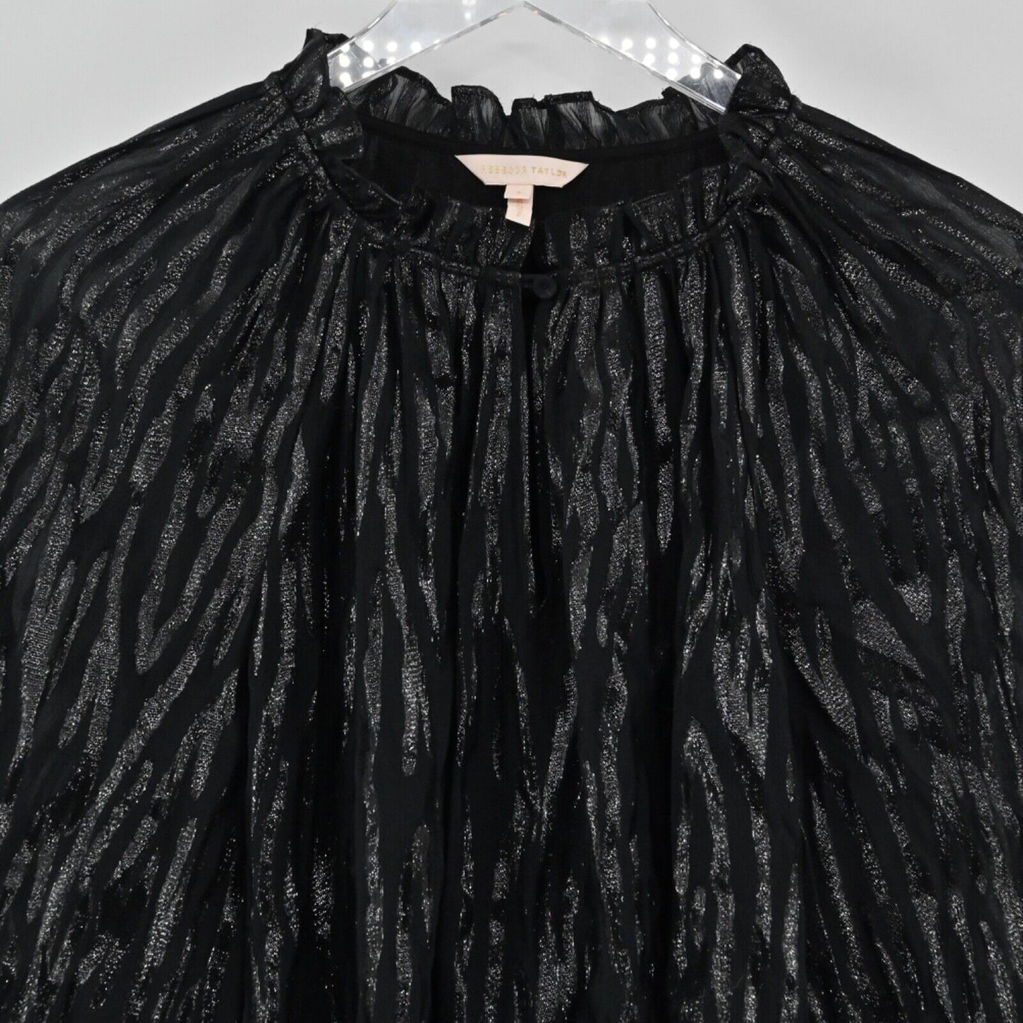 REBECCA TAYLOR Top Womens Sz 4 Black Metallic Safari Silk Ruffle Balloon Sleeves