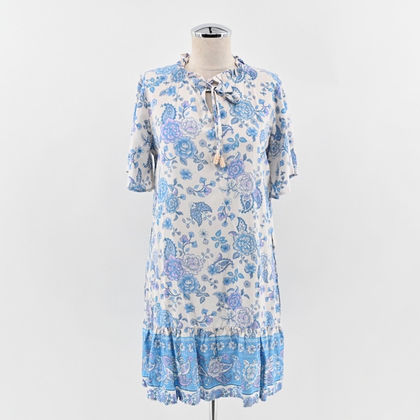 WALKER WADE Dress Sz XS Blue Purple Floral Print Ruffle Neck Shift Mini Cottage