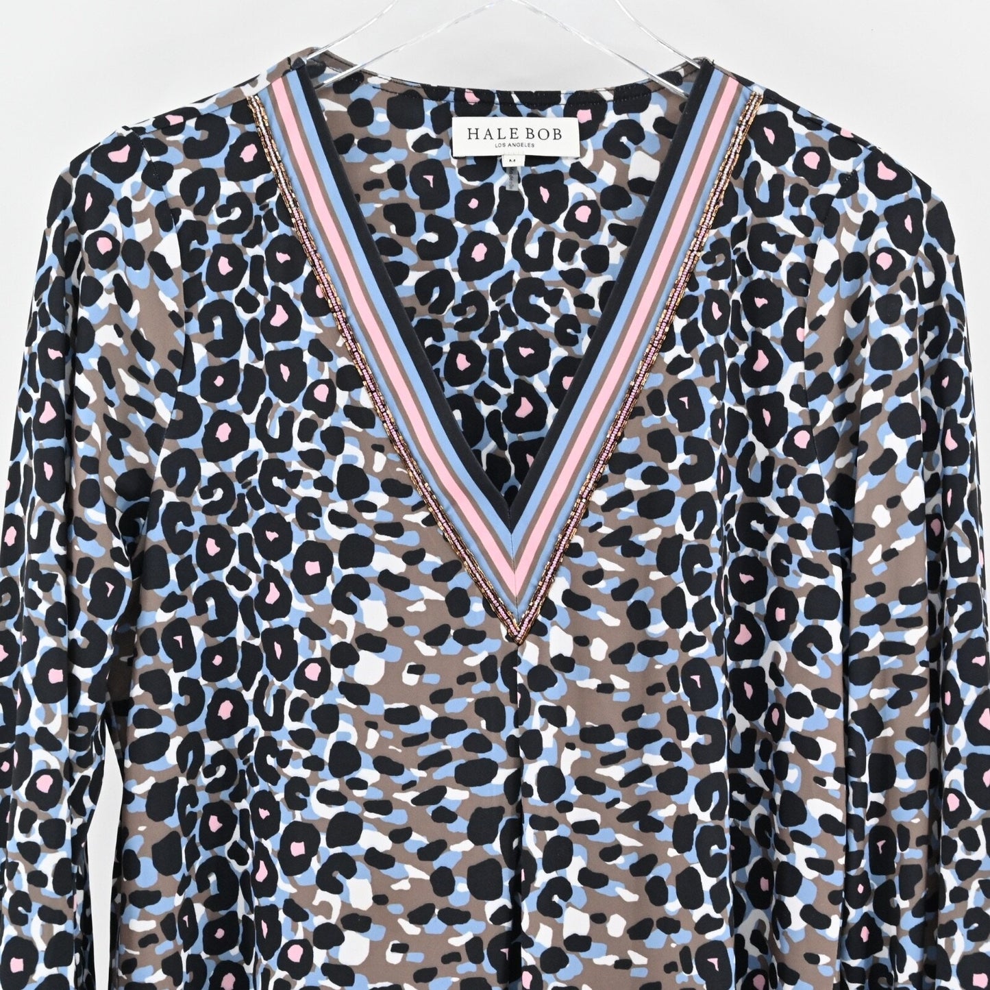 HALE BOB Womens Beaded Top Size M Blue Leopard Print V Neck Long Sleeve Bohemian