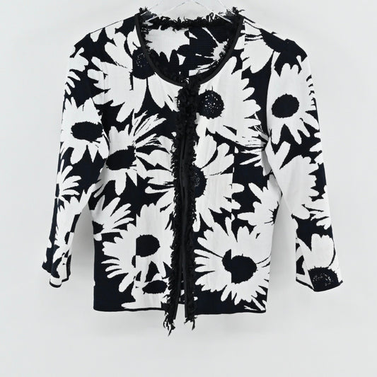 Marc Cain Womens Floral Knit Jacket Size M Black White Daisy Cardigan Luxurious
