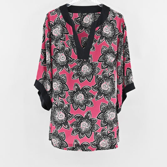 Hobbs Dress Sz S Silk Lightweight Pink Black Floral Kimono Style Mini Maximalist