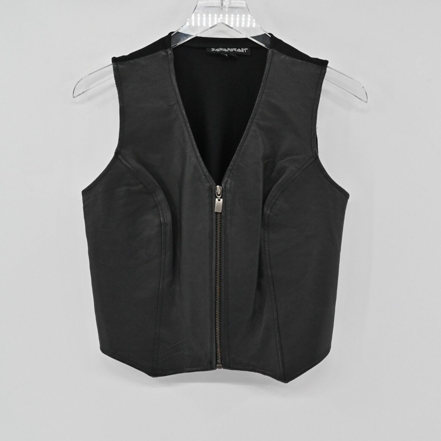 Vtg SAVANNAH Vest Womens Sz S Black Leather Combo Zip Up Sleeveless Biker Retro
