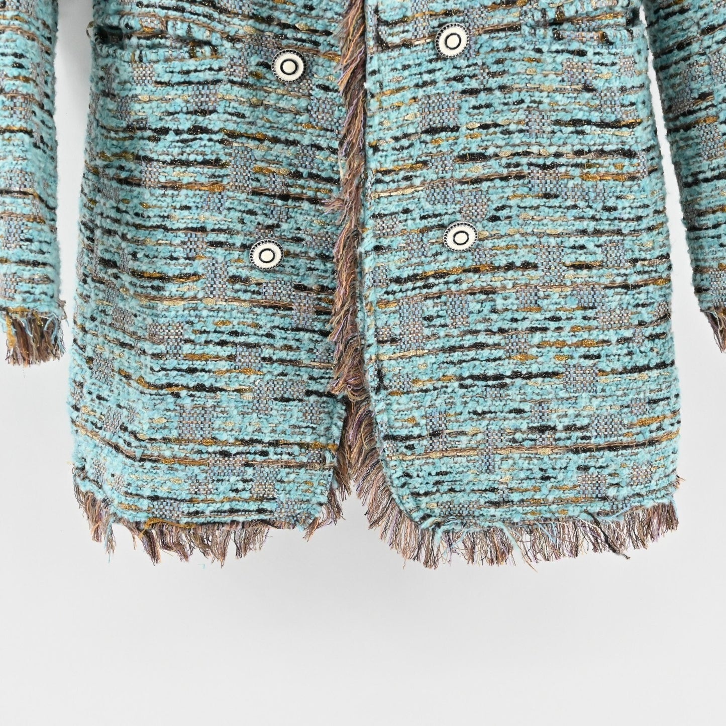 JEAN PIERRE KLIFA Womens Tweed Coat Size M Wool Blend Blue Brown Fringe Jacket