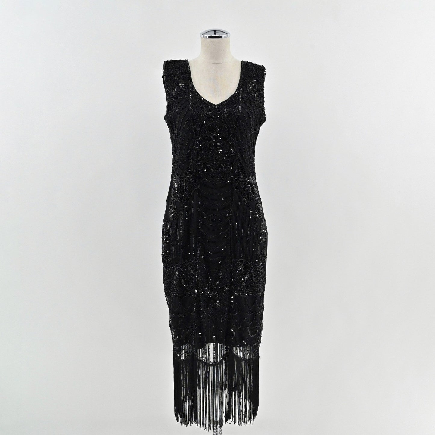 PrettyGuide Sequin Fringe Cocktail Midi Dress Size L Gatsby Glam Flapper Black