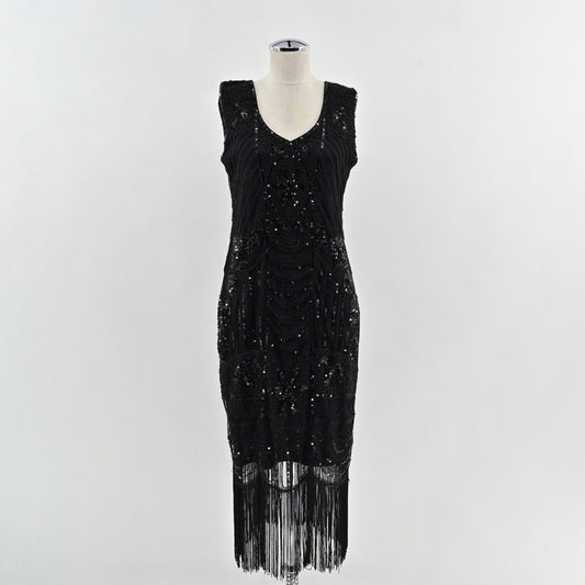 PrettyGuide Sequin Fringe Cocktail Midi Dress Size L Gatsby Glam Flapper Black