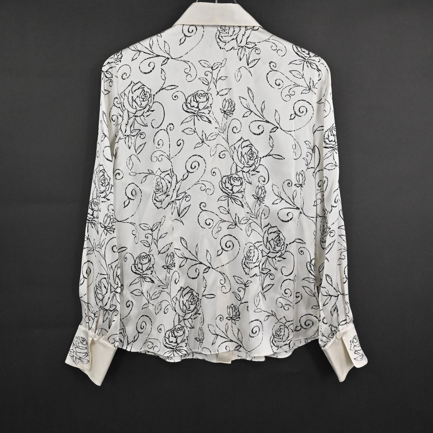 Vtg Womens Floral Silk Top Size 10 Satin Black Ivory Print Blouse STARINGTON 80s