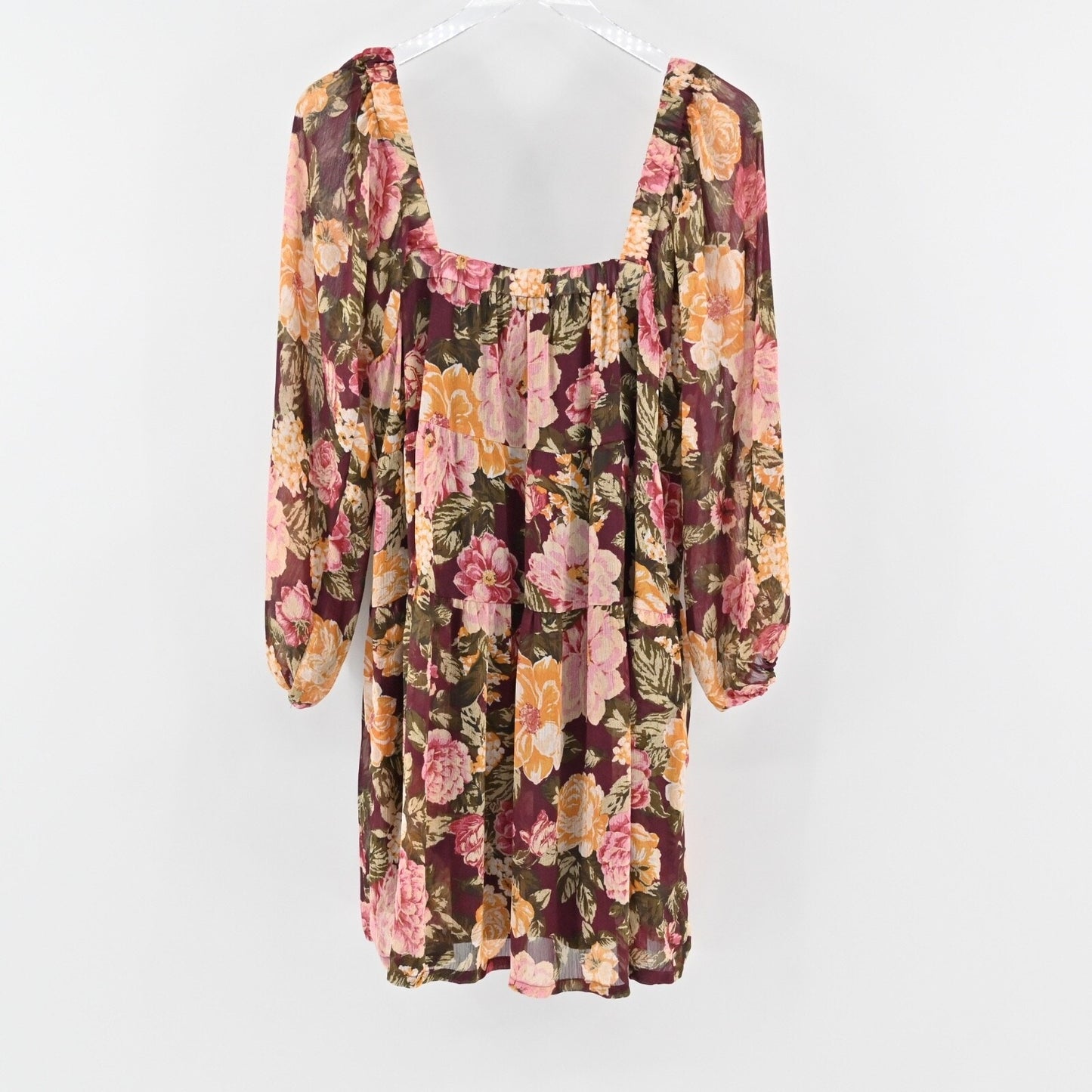 EN CREME Floral Boho Dress Size L Tiered Ruffle Balloon Sleeve Square Neck Retro