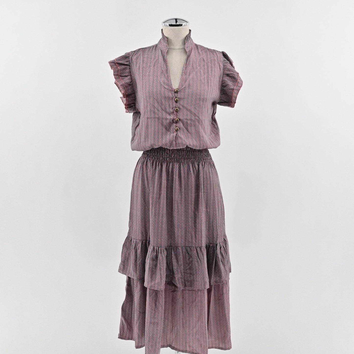 PERRY WALKER COLLECTIVE Cornelia Silk Midi Dress Size M Pink Floral Peasant Boho