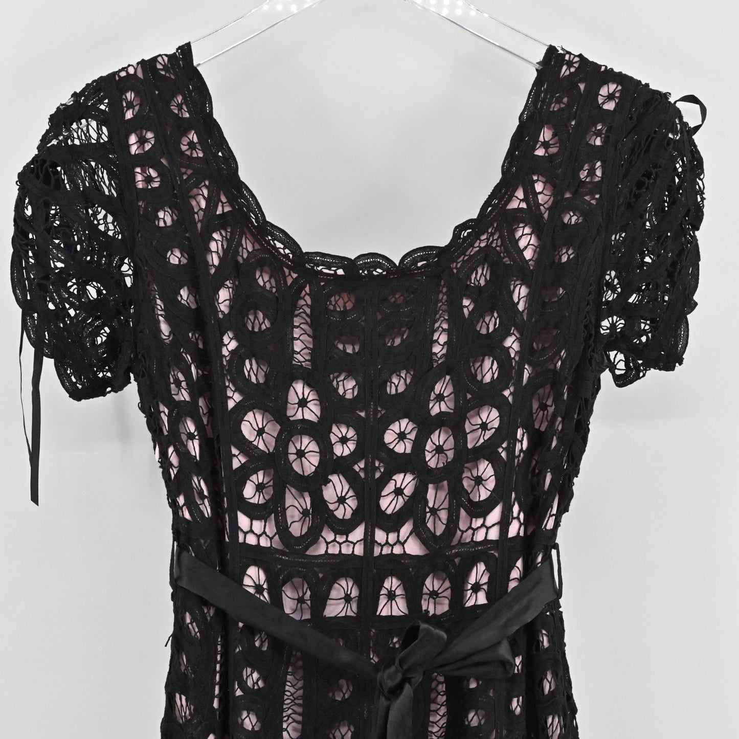 Vtg Black Crochet Lace Dress Size S Fairy Coquette Glam Kroshetta Papillon Y2k