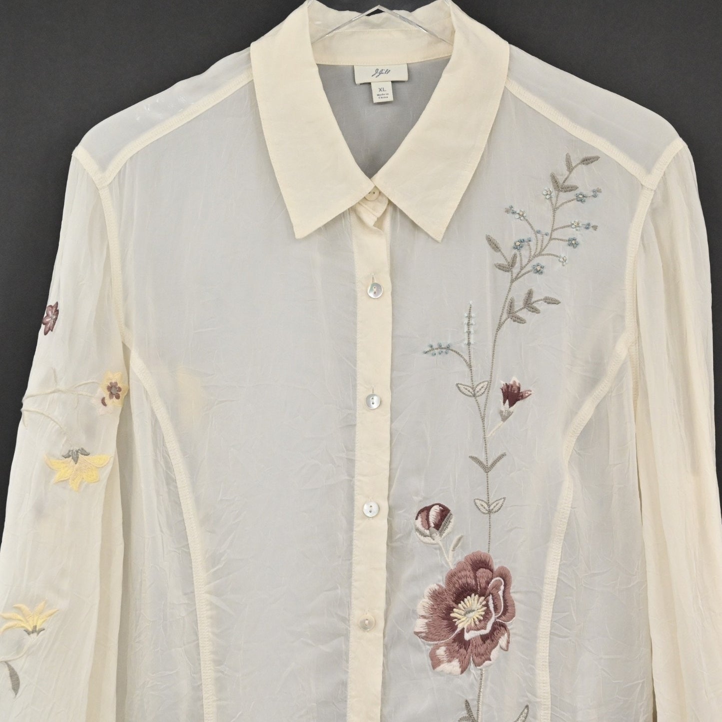 J JILL Womens Embroidered Button Up Top Sz XL Ivory Floral Sheer Boho Retro 00s