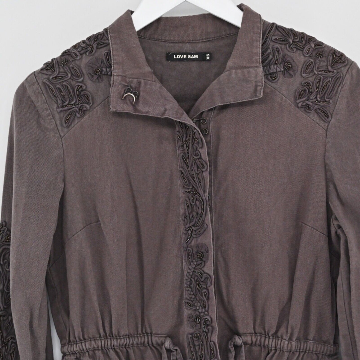 LOVE SAM by ANTHROPOLOGIE Jacket Womens Sz XS Travis Military Brown Embellished77252119