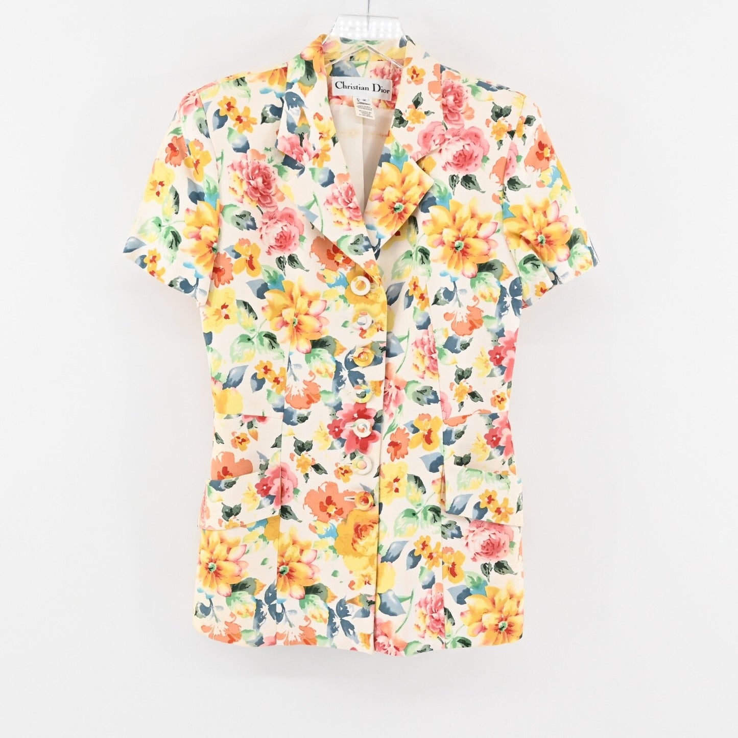 Vtg CHRISTIAN DIOR Womens Floral Skirt Suit Sz 2 Silk Short Sleeve Retro USA 80s