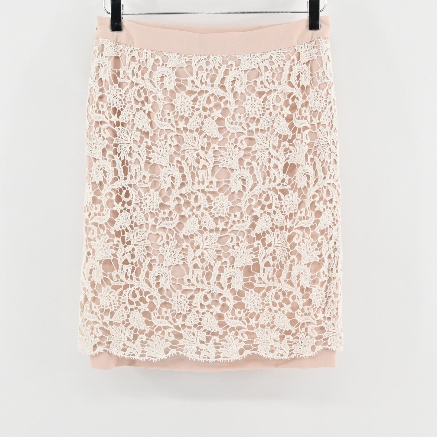 FRENCH CONNECTION Crochet Pencil Skirt Sz 4 Blush Pink Lace Overlay Office Siren
