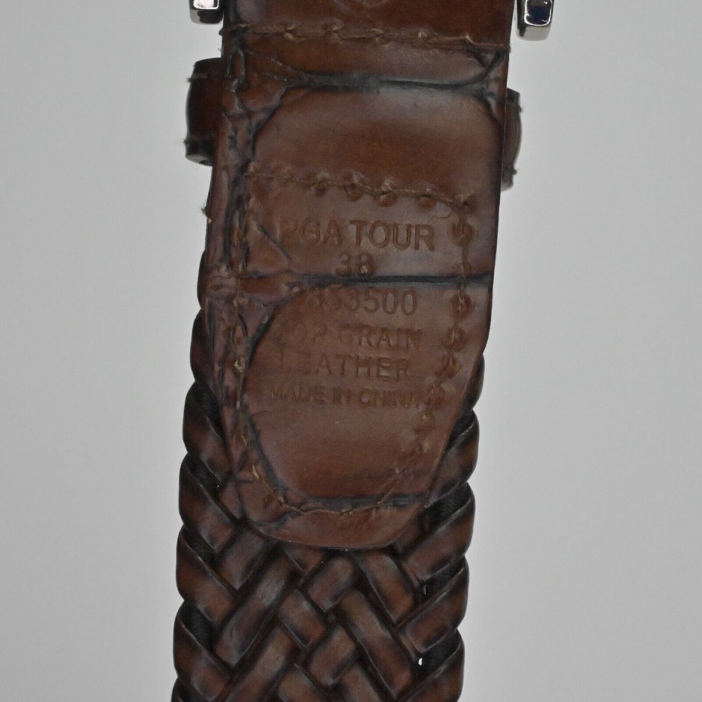 Vtg PGA TOUR Belt Mens Sz 38 Brown Braided Top Grain Leather Silver Logo Buckle