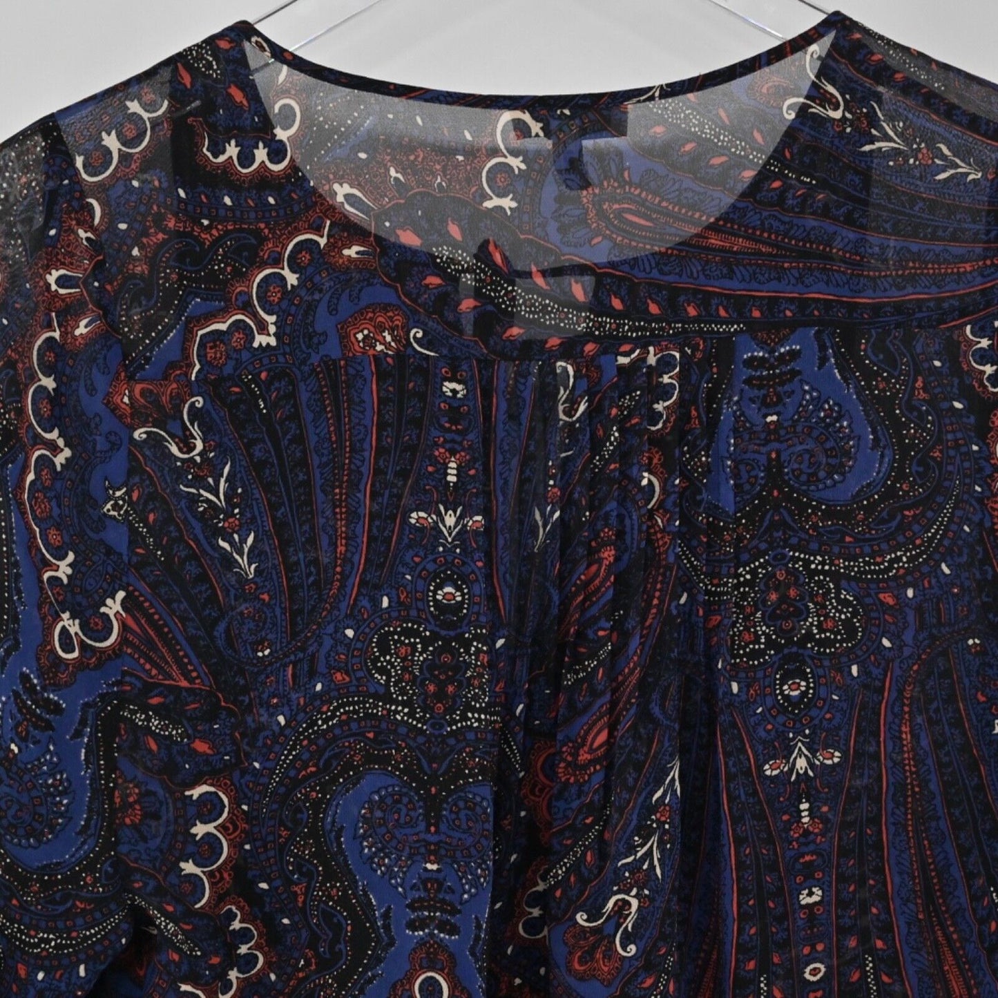 JOIE Top Womens Size XS Blue Paisley Sheer 100% Silk Chiffon Tie Neck 3/4 Sleeve