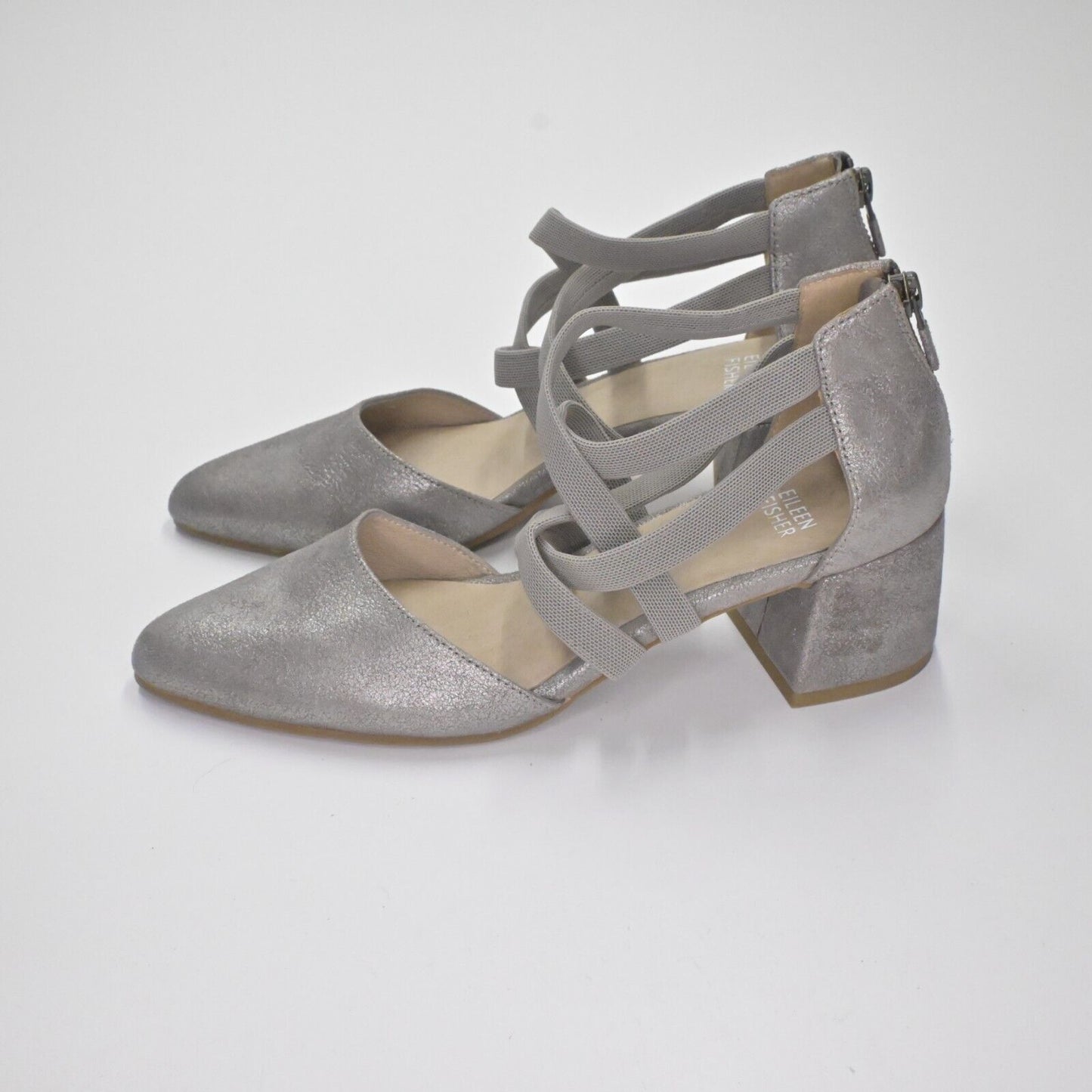 EILEEN FISHER Pumps Womens Size 7.5 Juku Mica Silver Strappy Closed Almond Toe