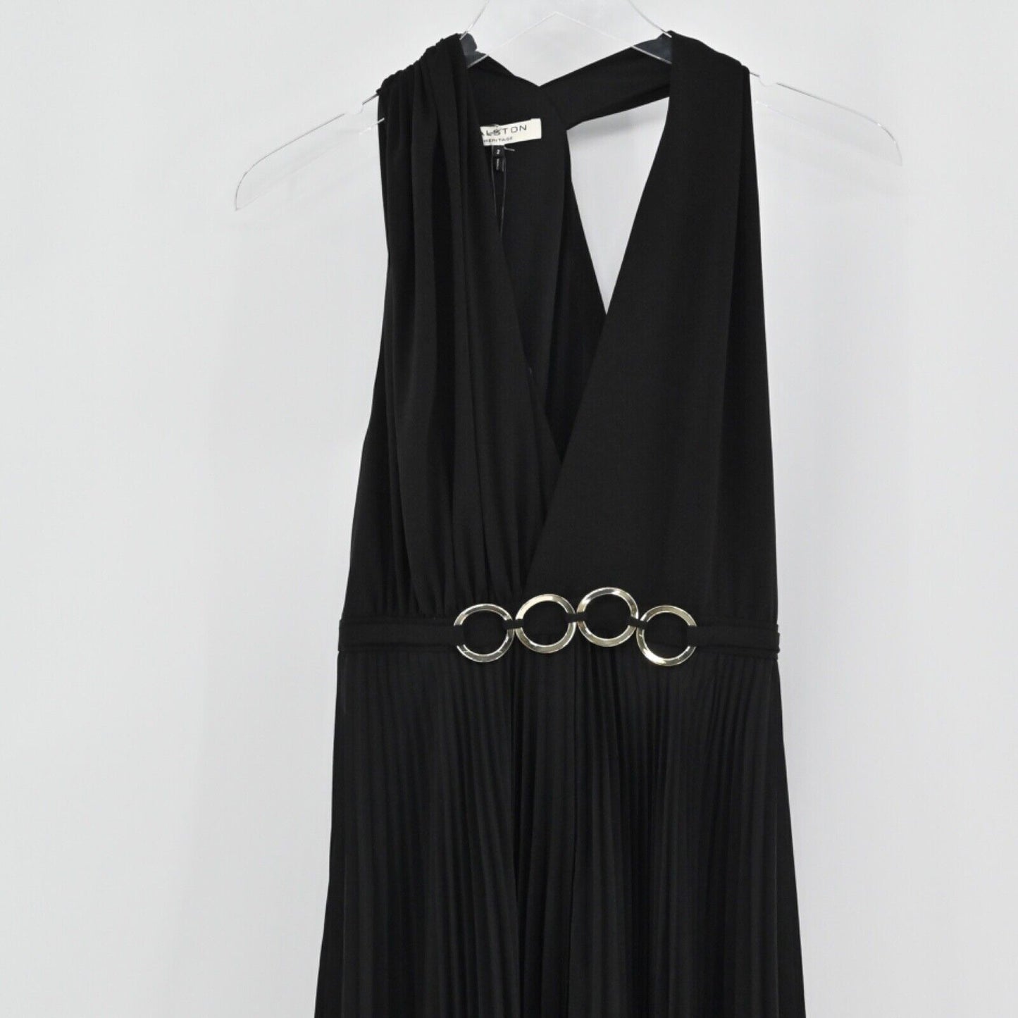 HALSTON HERITAGE Dress Womens Sz 2 Evening Gown Black Pleated Halter Retro NEW