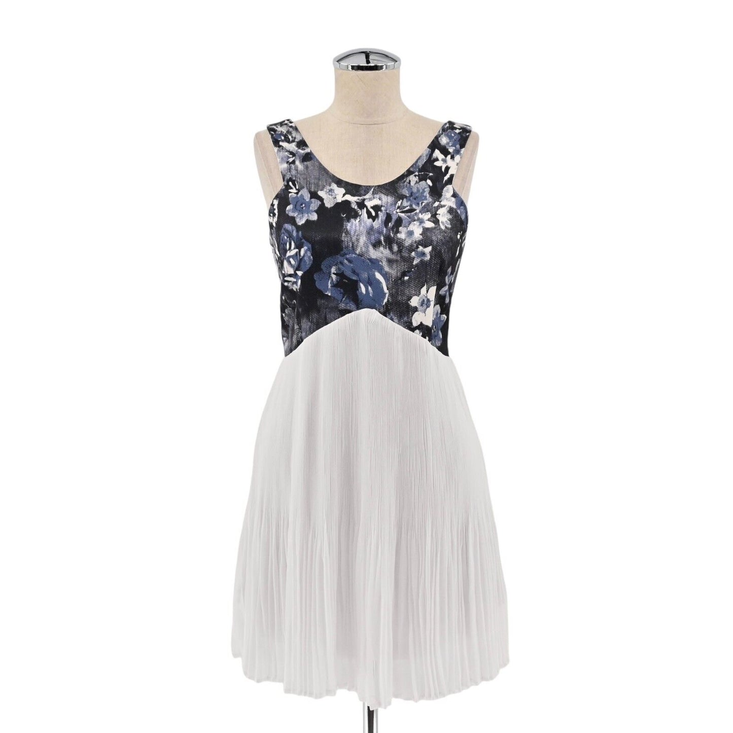 FOUNT Dress Womens Size SM Blue Floral Pleated Scoop Neck Goddess Mini Tank NEW