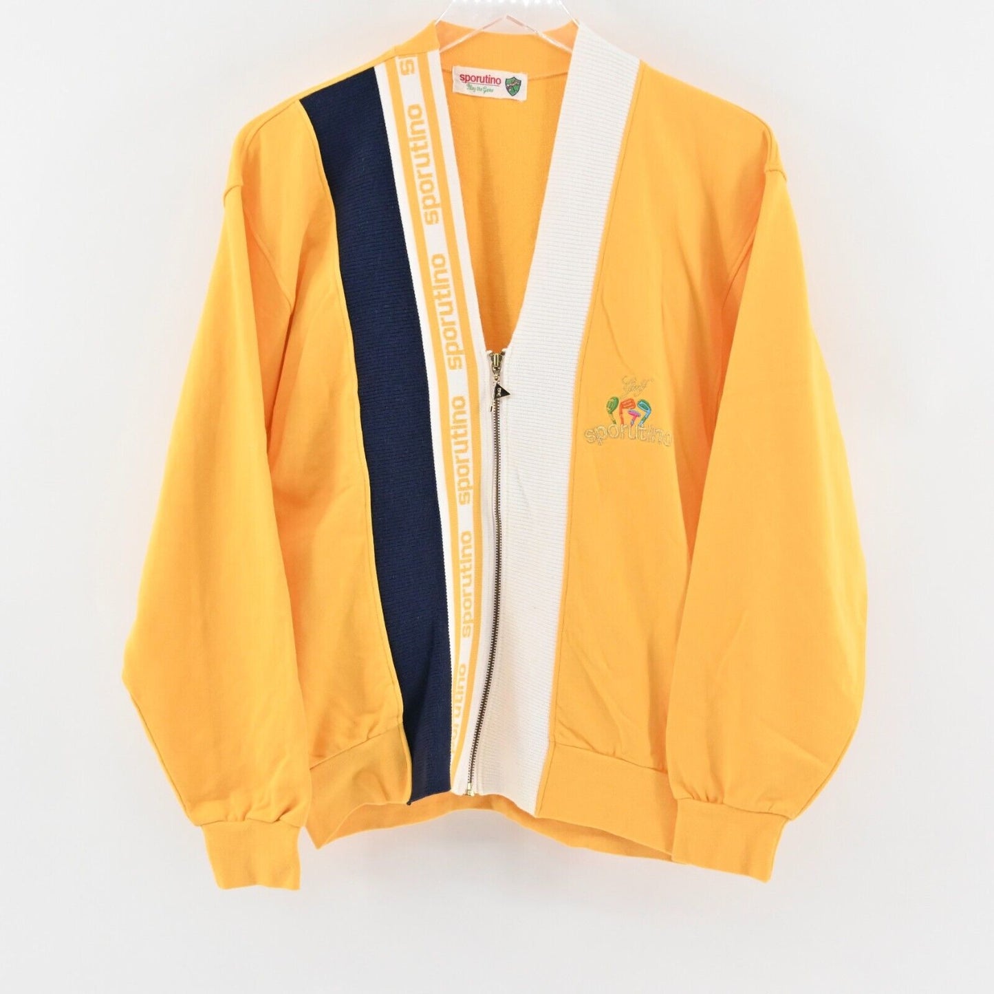 Vtg SPORUTINO Jacket Mens Size M Golf Logo Stripe Zip Yellow Embroidered 70s