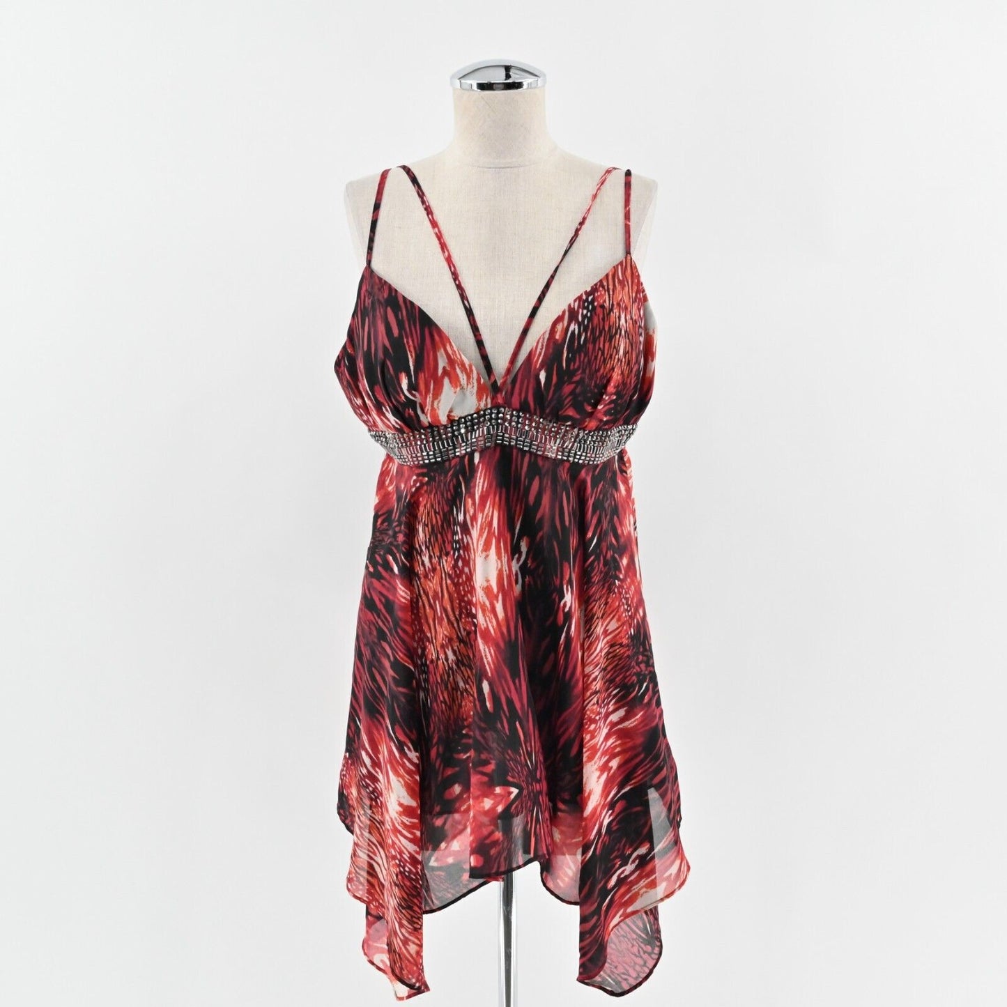 BEBE Top Womens Sz L Red Criss Cross Tunic Sleeveless Rhinestone Asymmetric NEW
