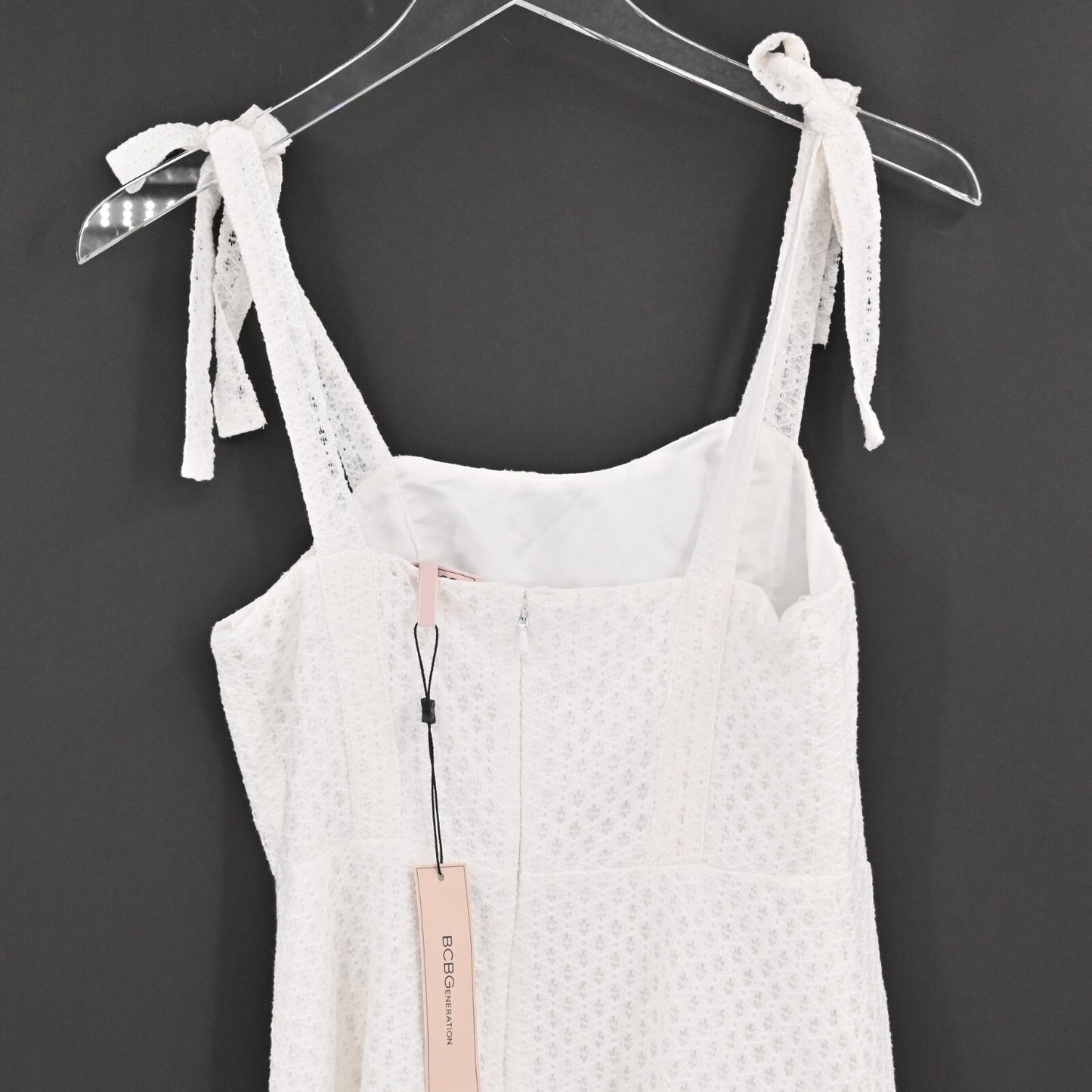 BCBGENERATION Dress Size 0 White Eyelet Cotton Skater Tie Shoulders Bridal NEW