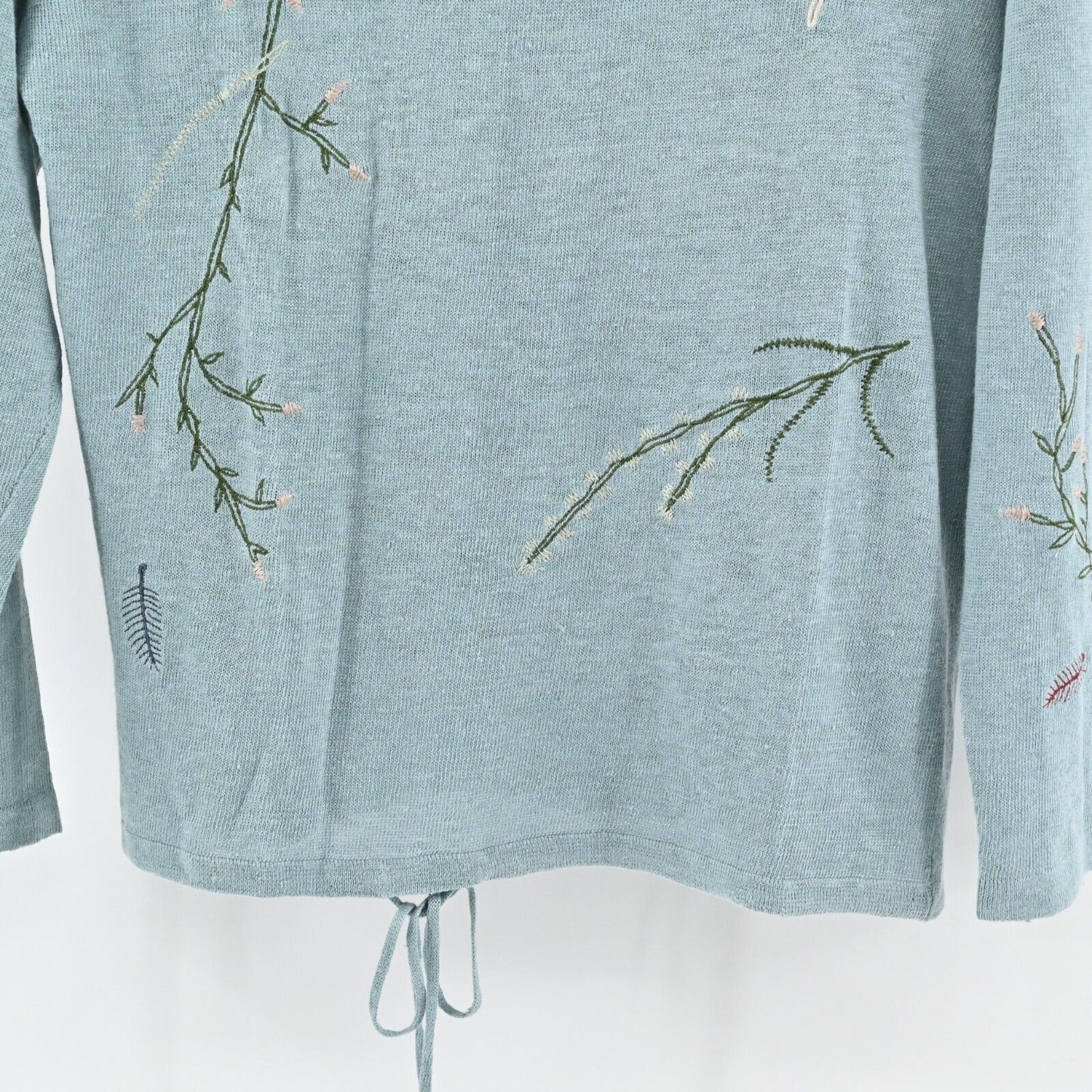 NORTHERN ISLES Sweater Womens Size S Embroidered Linen Teal Ice Funnel Neck NEW