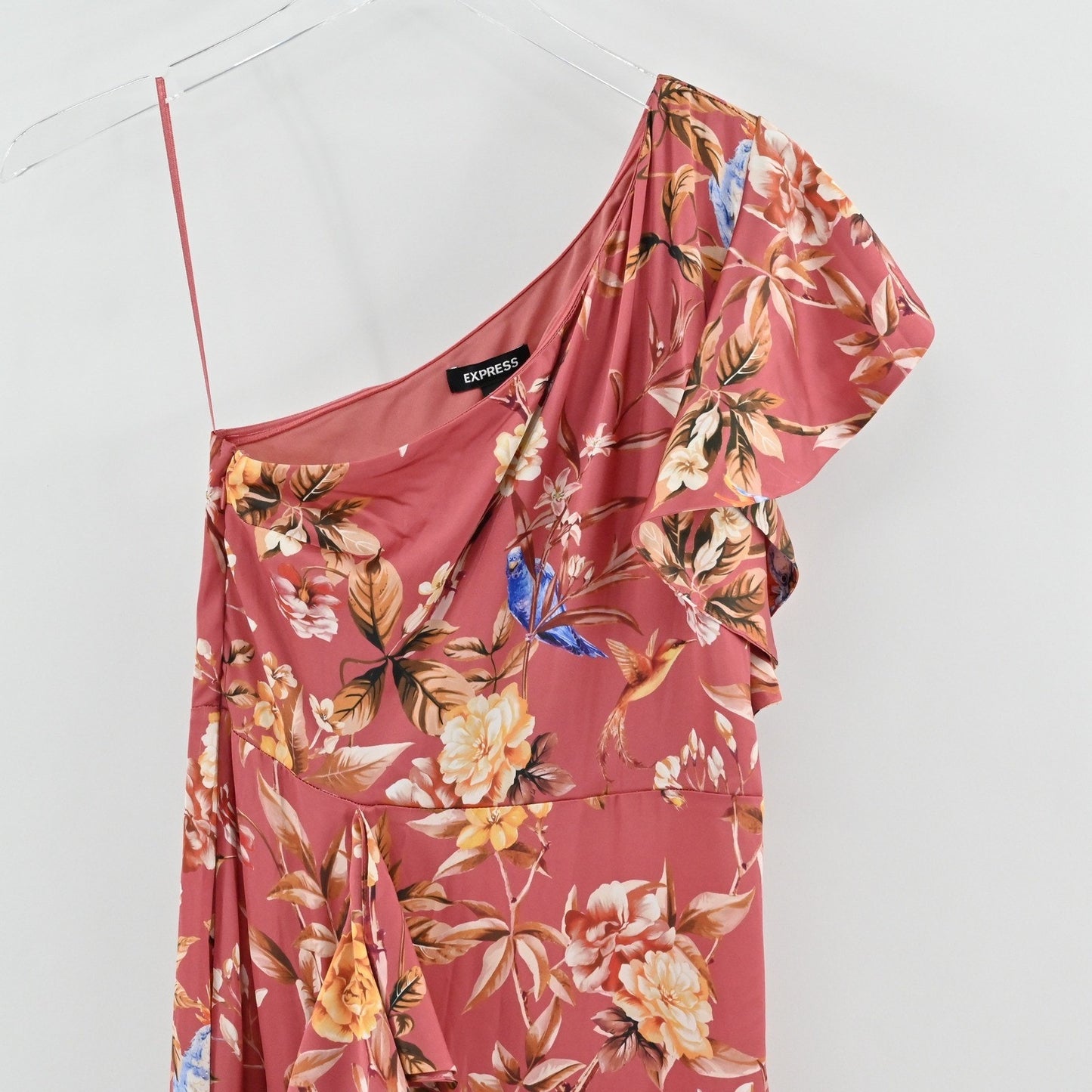 EXPRESS Floral Maxi Dress Size XS Romantic Whimsical One Shoulder Ruffle Elegant