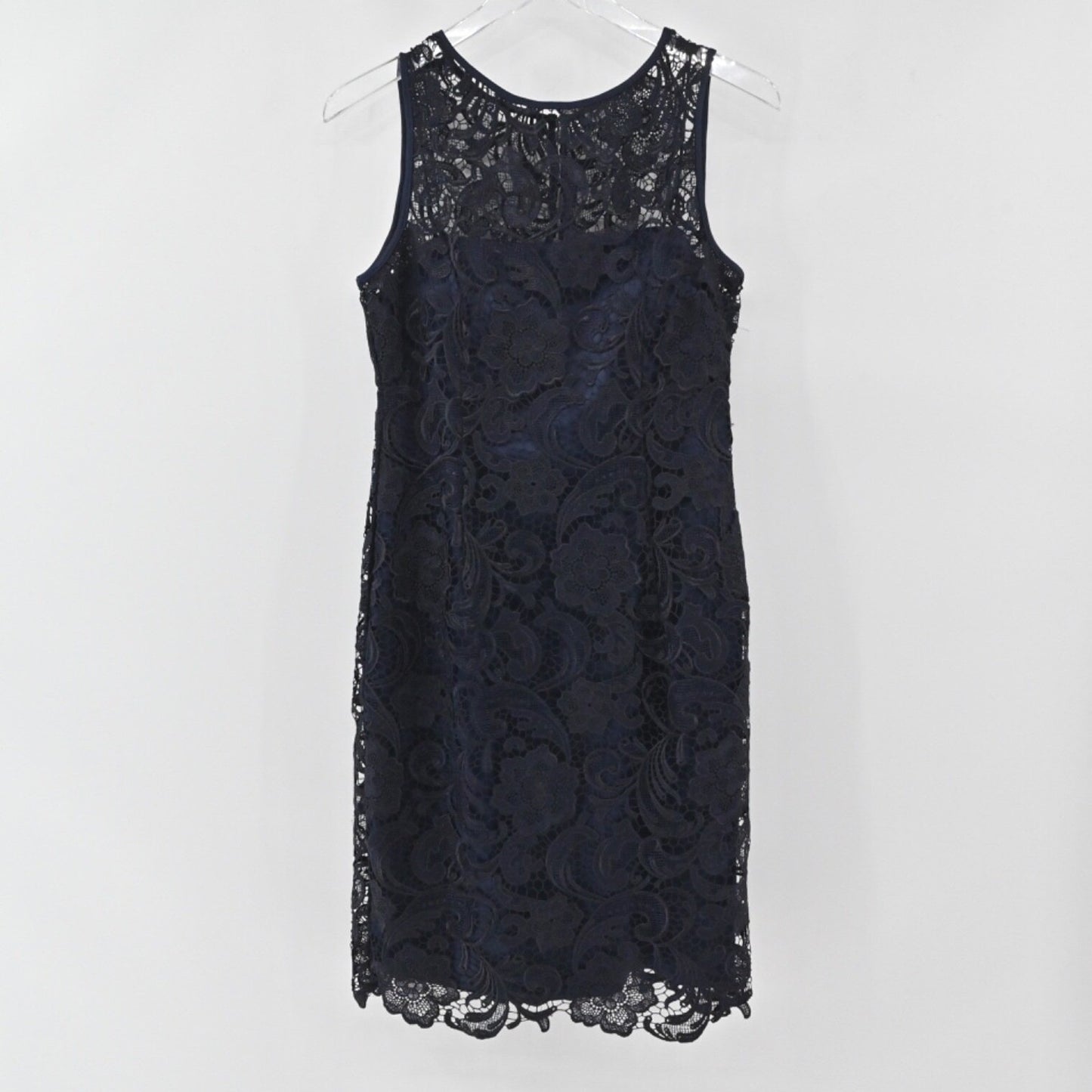 ADRIANNA PAPELL Dress Size 8 Black Blue Illusion Floral Lace Sleeveless Sheath
