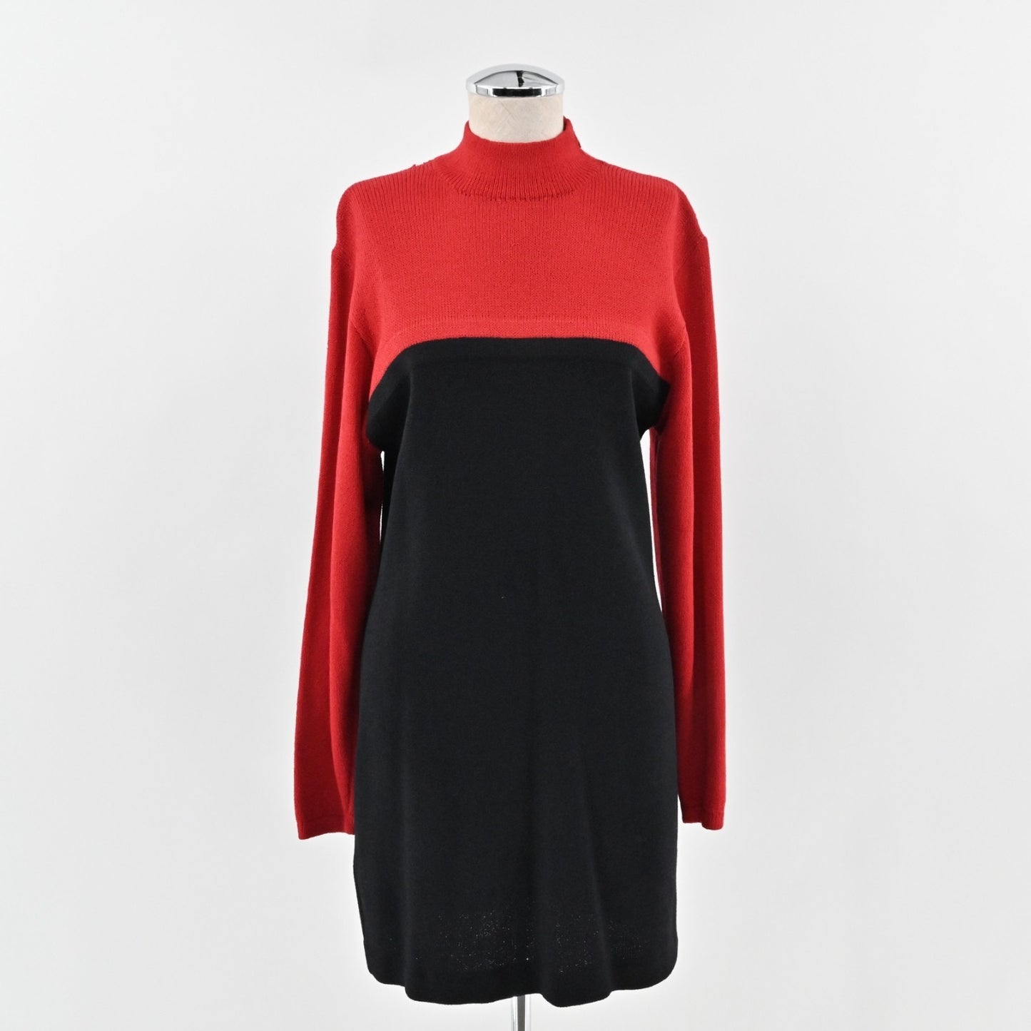 Vtg 80s ST JOHN Dress Size 8 Santana Knit Colorblock Red Black Mock Neck Shift