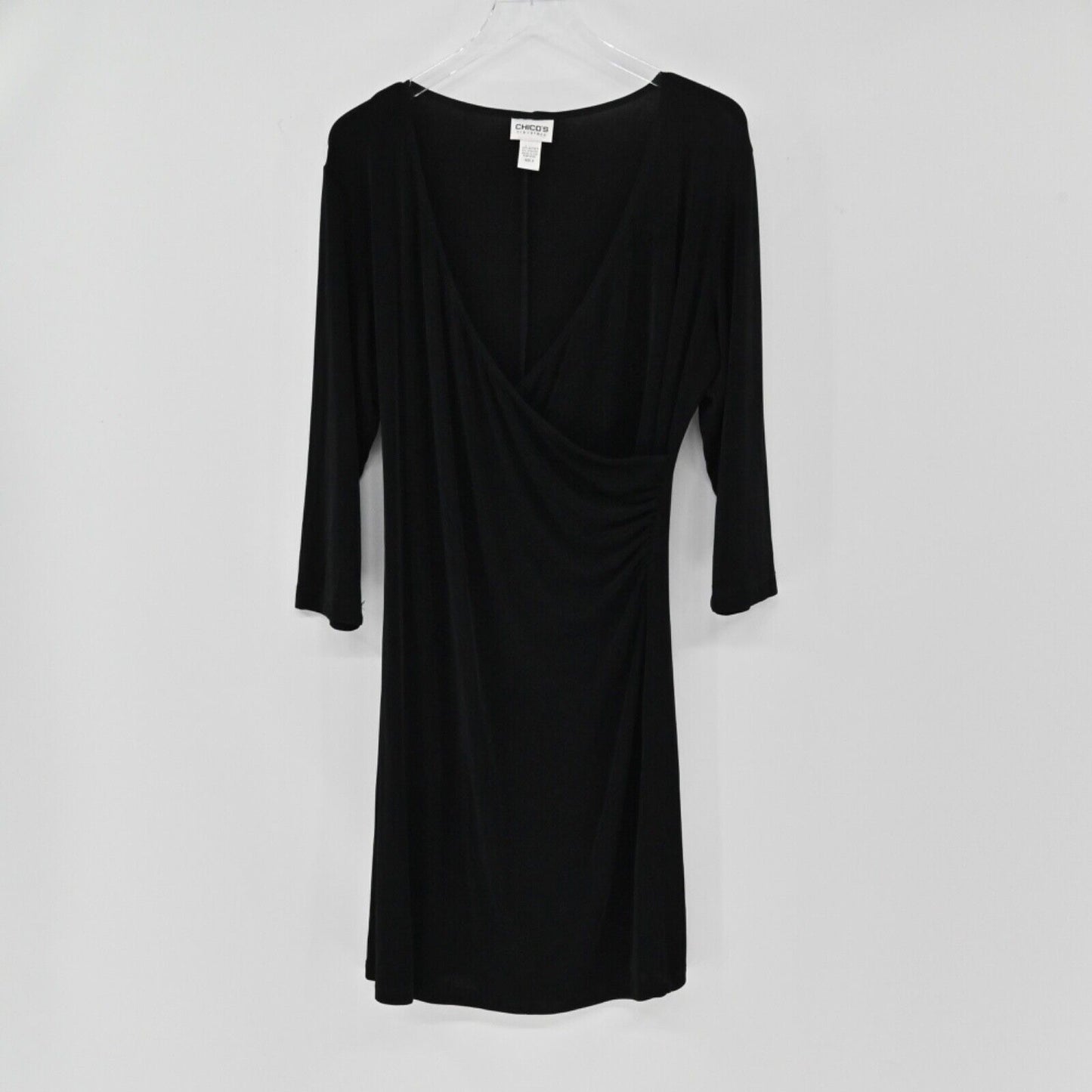CHICOS Dress Womens Size L Black Knit Travelers Faux Wrap Long Sleeve VNeck USA