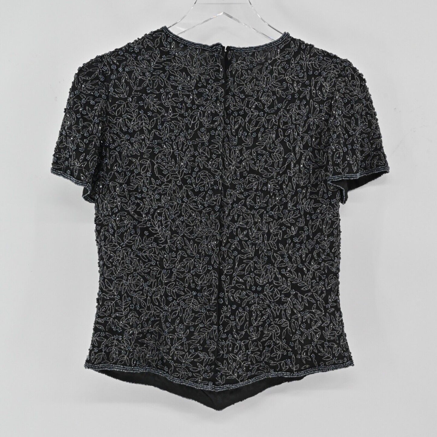 Vtg PAPELL BOUTIQUE EVENING Beaded Top Womens Size M Black Floral Silk Glam 80s