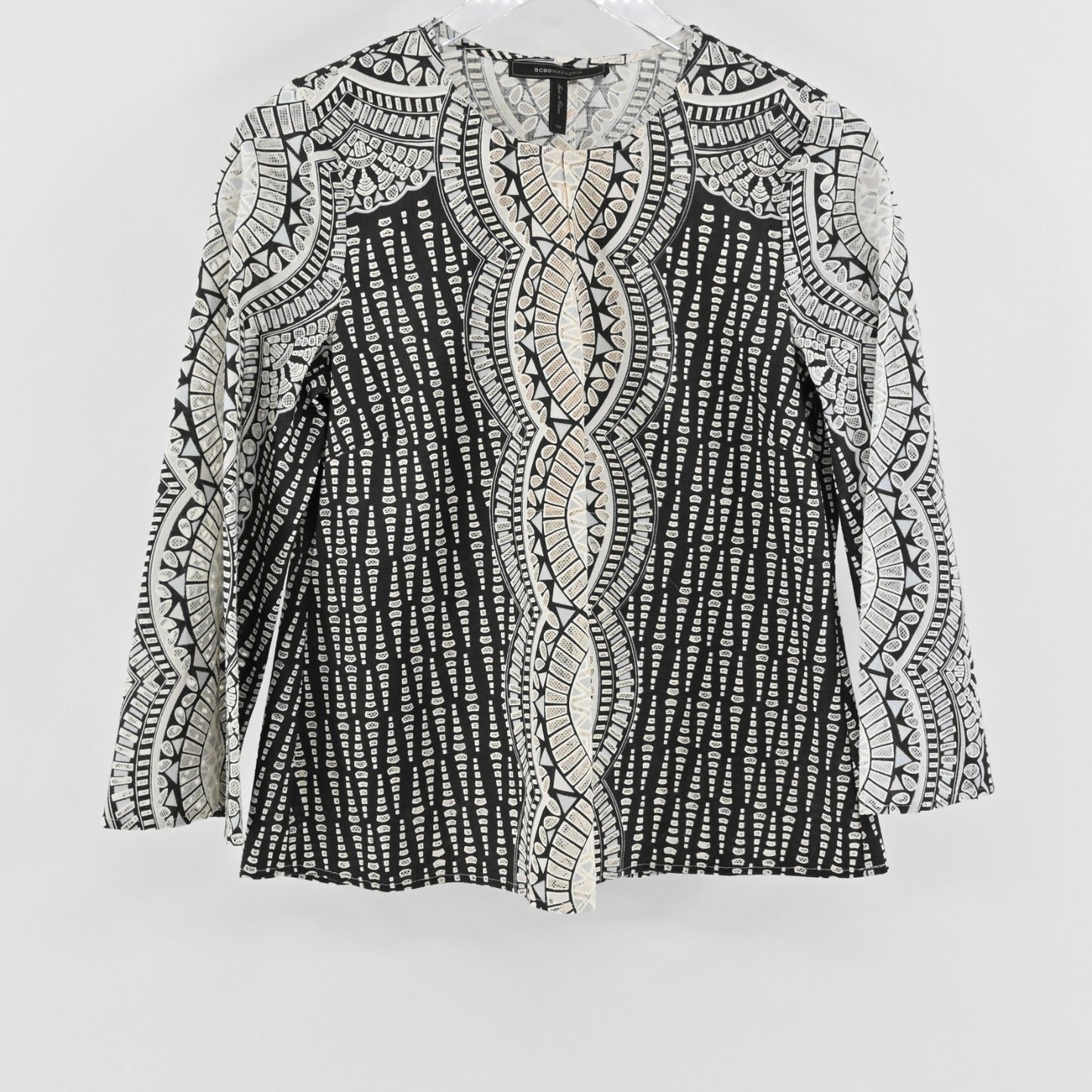 BCBGMaxAzria Womens Kyndal Top Size XS Black Beige Print Long Sleeve Blouse