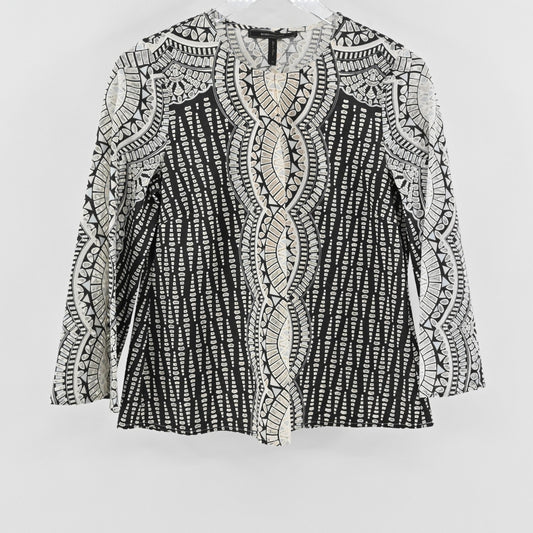 BCBGMaxAzria Womens Kyndal Top Size XS Black Beige Print Long Sleeve Blouse