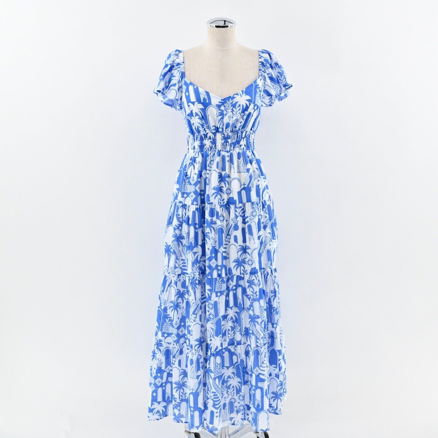 SUGARLIPS Dress Sz S Nala Maxi Blue Tropical Print Cotton Ruffle Flutter Sleeve