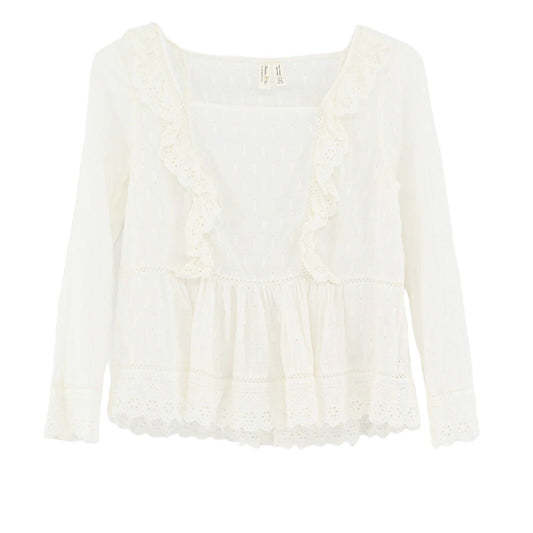 ANTHROPOLOGIE Top Womens Sz 2 Meadow Rue White Eyelet Ruffle Blouse Embroidered