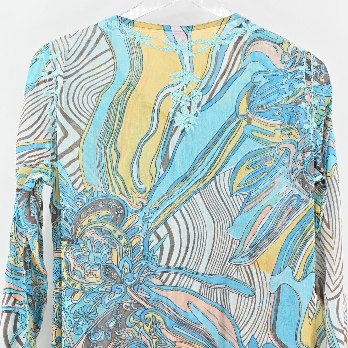 RAJ Tunic Dress Size M Blue Embroidered Printed Cotton Relaxed Fit Bohemian