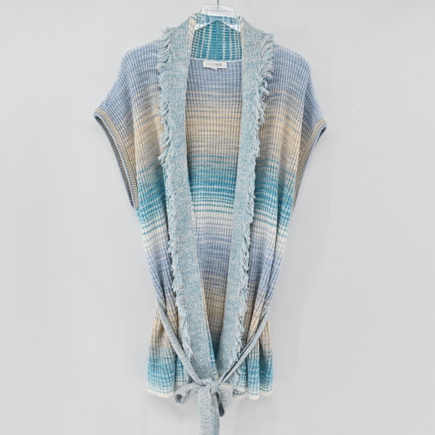 INTERMIX Sweater Womens Size M Drop Shoulder Knit Fringe Cardigan Tie Blue Multi