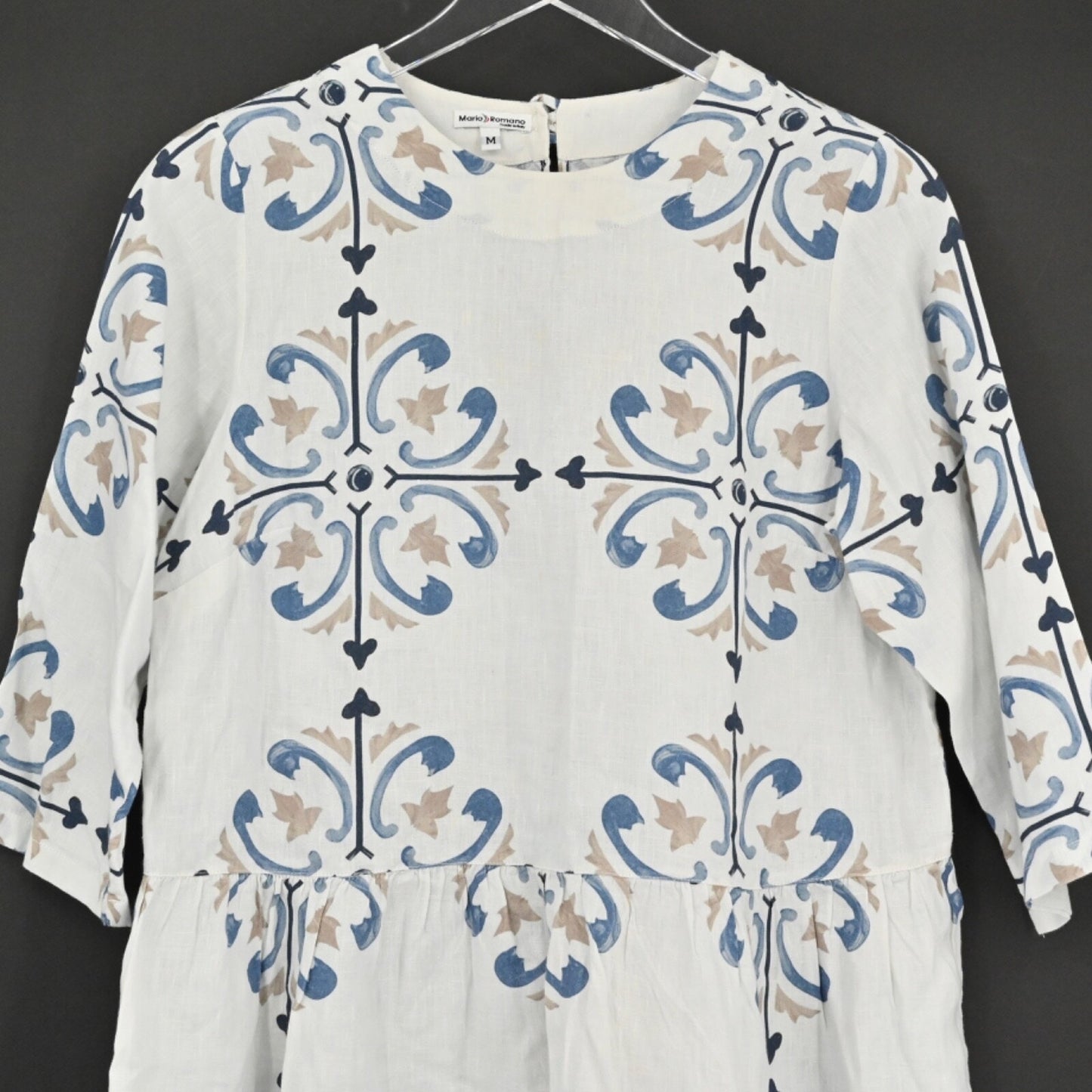 MARIO ROMANO Womens Linen Top Size M Peplum White Blue Boho Italy Breathable