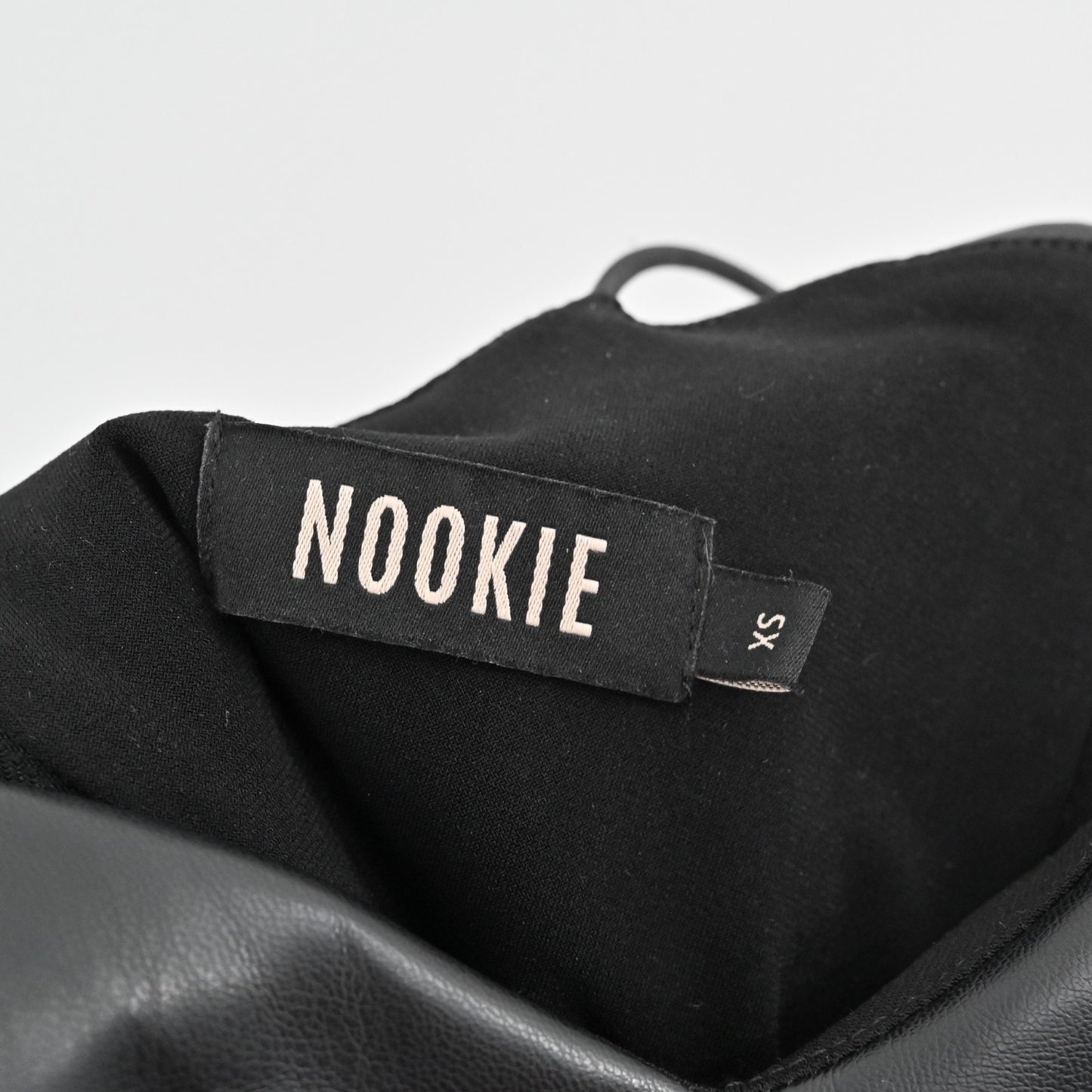 Nookie Rhea Black Faux Leather Mini Dress Size XS Sleeveless Ruched Bodycon