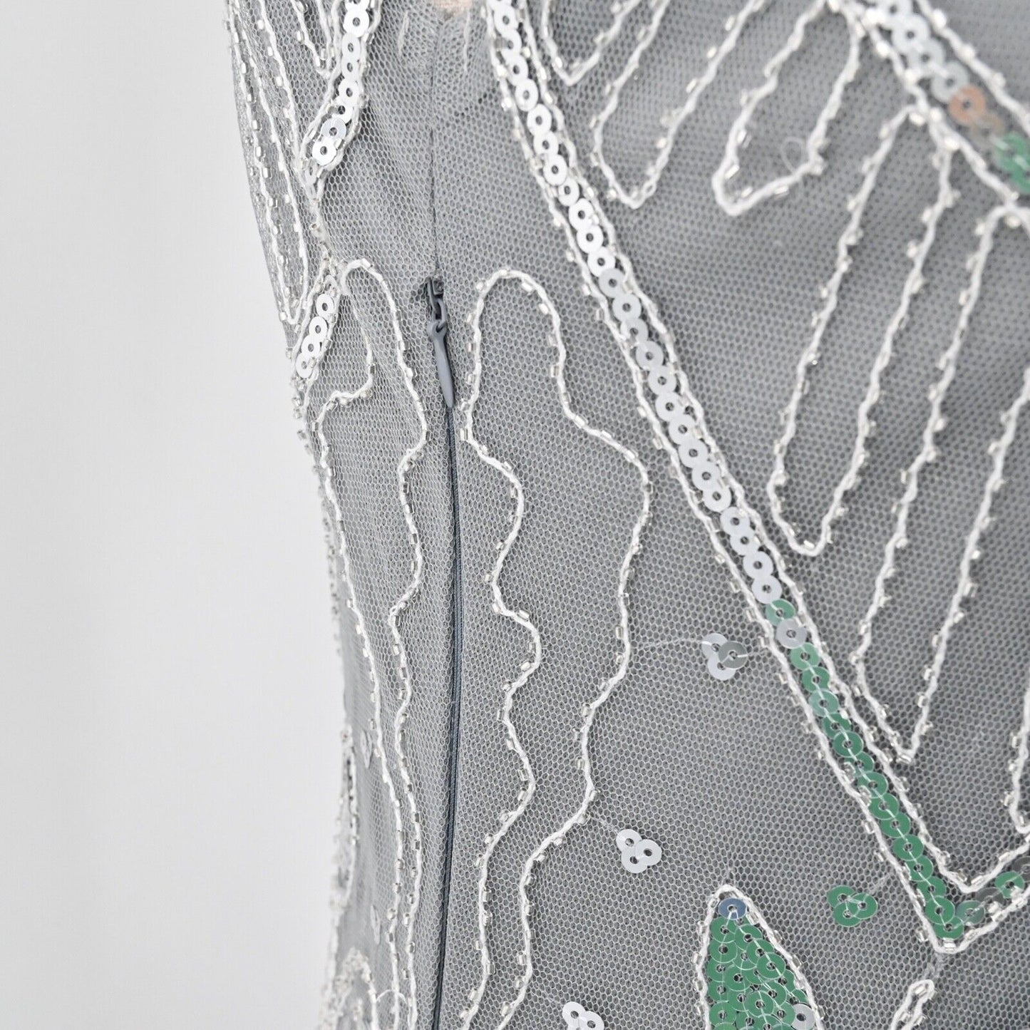 METME Dress Size S Gray Sequin Beaded V Neck Sleeveless Fringe Flapper 1920s NEW