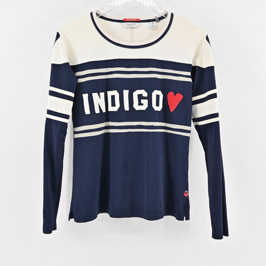 SCOTCH SODA Top Womens Sz XS Amsterdam Speed Bandit Indigo Heart Stripe Navy Tee