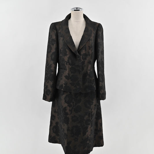 Vtg MaxMara Womens Jacquard Skirt Suit Size 12 Black Floral Wool Blend Italy 90s