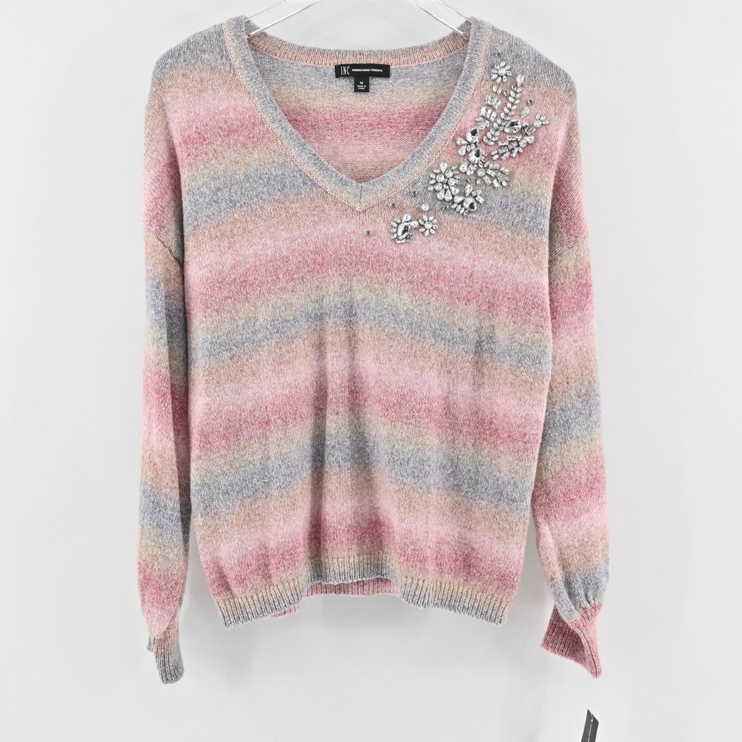 INC International Concepts Embellished Striped V Neck Sweater Size M