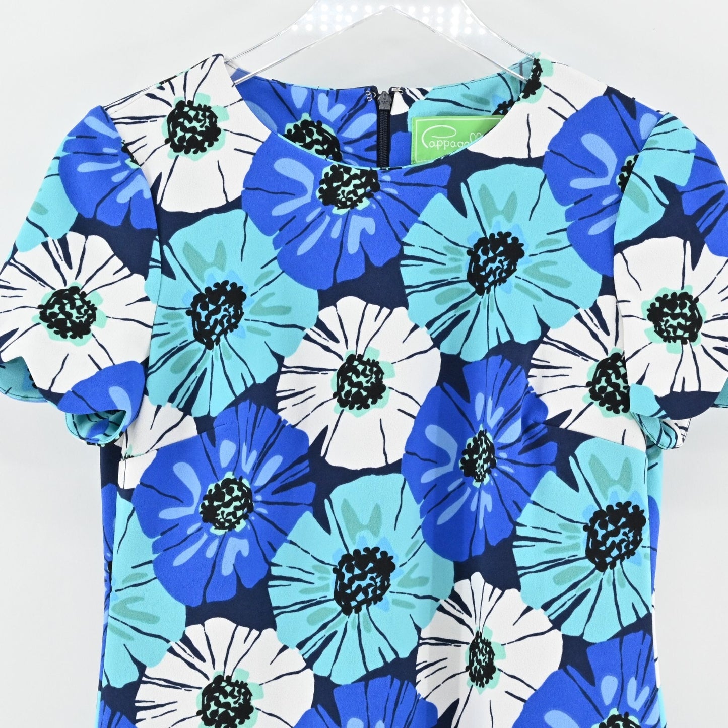 PAPPAGALLO Blue Floral Dress Size 2 Retro Scalloped Hem Sheath Mini Preppy