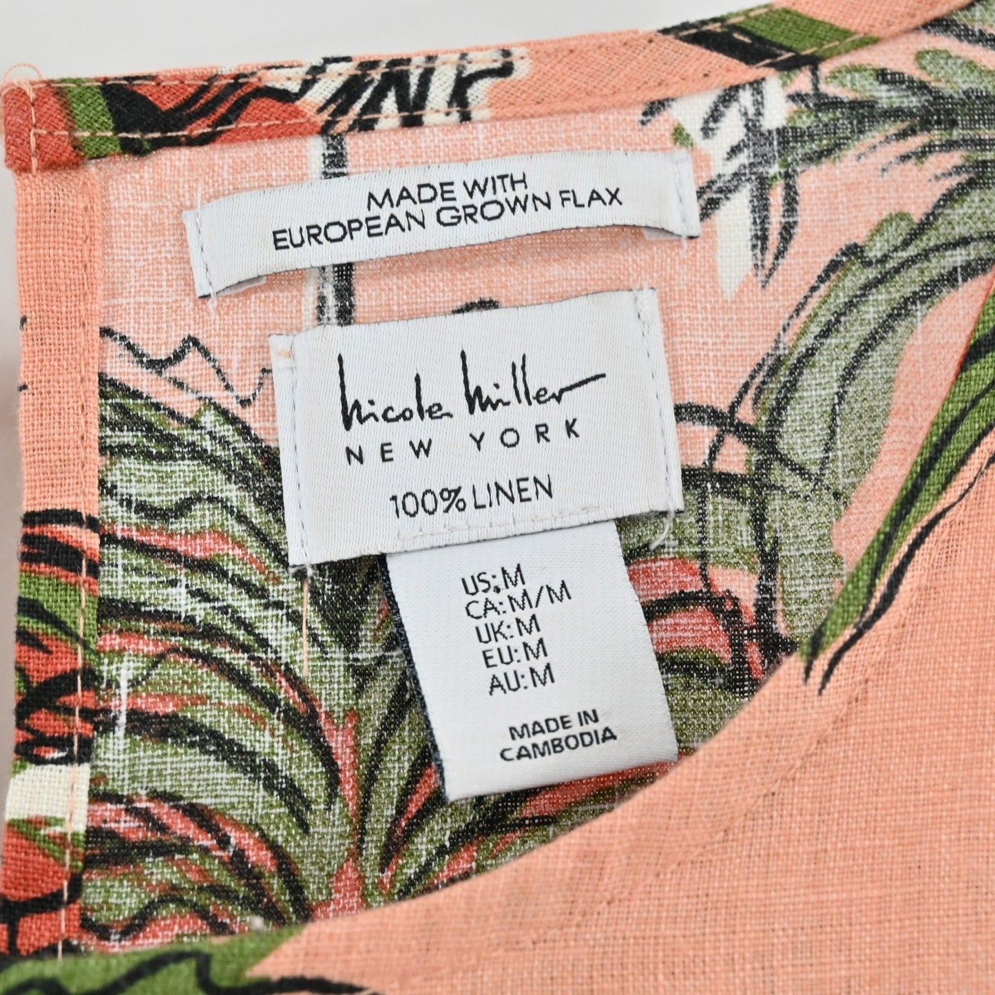 Nicole Miller Tropical Linen Dress Size M Palm Tree Sleeveless Island Vacation