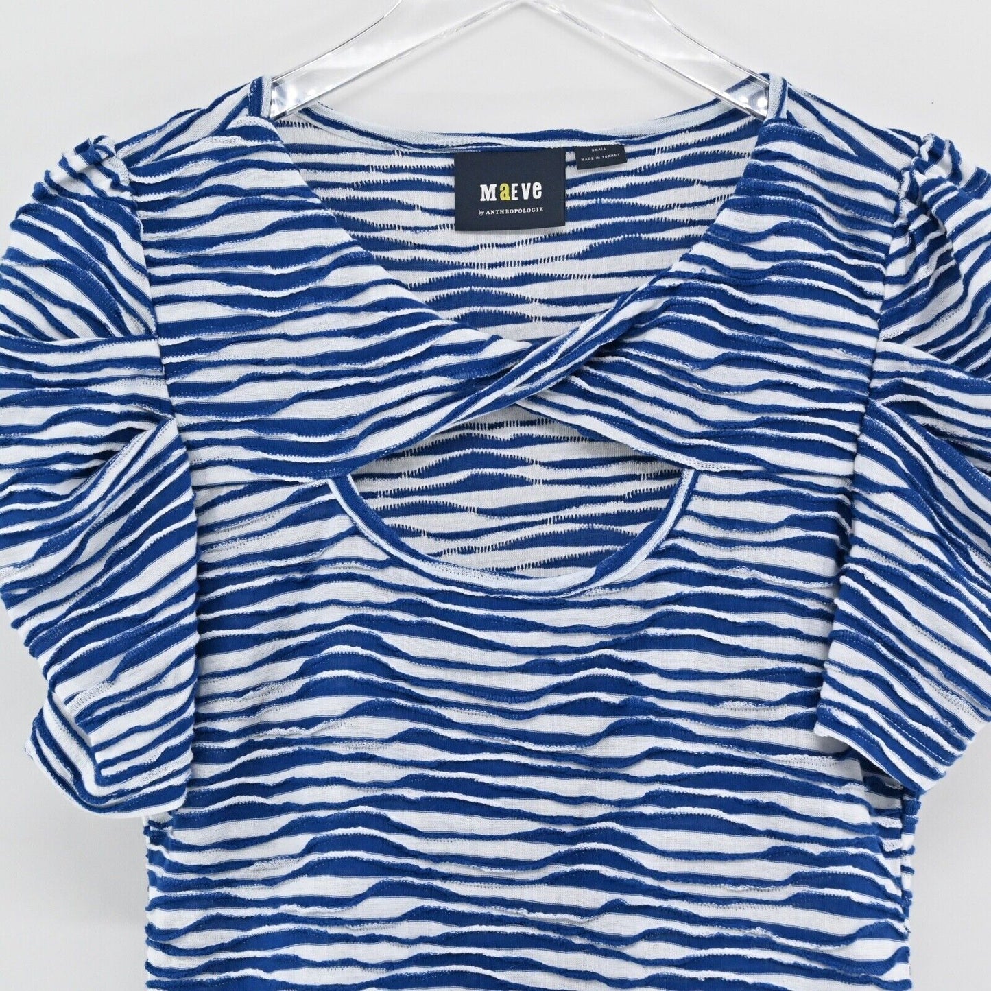 ANTHROPOLOGIE Top Womens Size S Blue Stripe Knit MAEVE Cutout Neck Puff Sleeve
