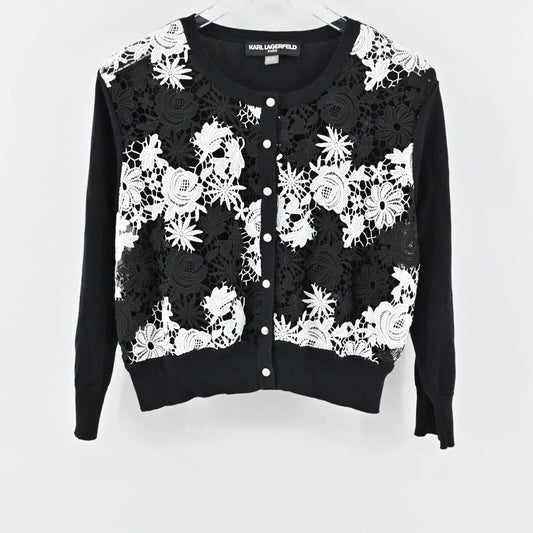 KARL LAGERFELD Sweater Womens L Crochet Cardigan Black White Floral Embroidered